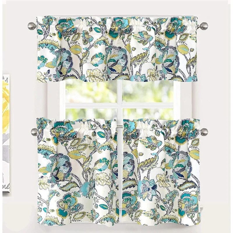 elegant wedding necktie designs-DriftAway Layla Floral Leaves Pattern Semi Sheer 3 Pieces Kitchen Tier