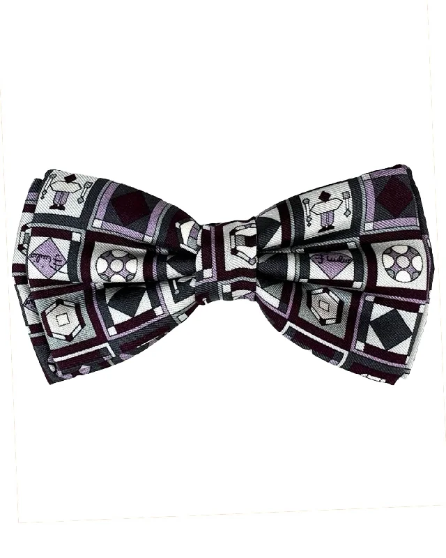 trendy silk necktie patterns-Emilio Pucci Bow Tie Black Purple Geometric Design Pre-Tied Designer Bowtie