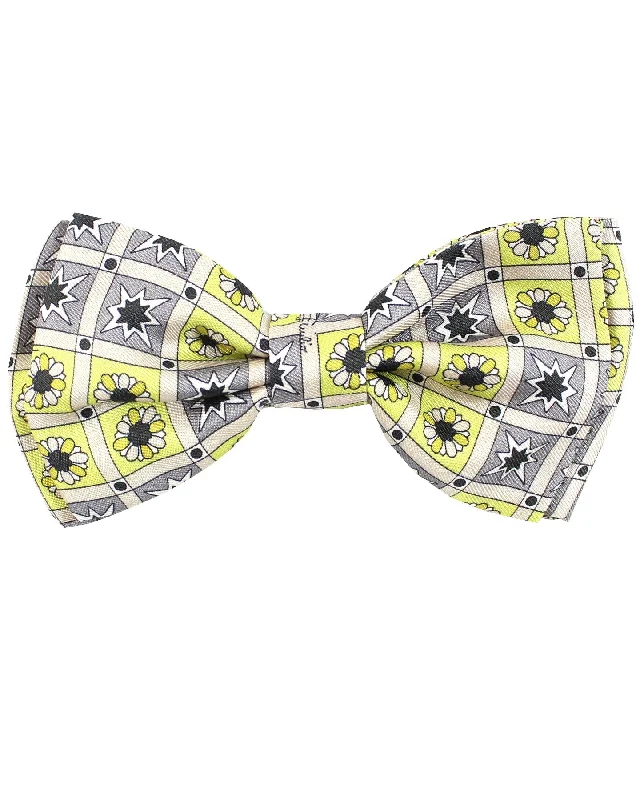 slim ties for business wear-Emilio Pucci Silk Bow Tie Gray Bright Yellow Floral Geometric Pre-Tied SALE