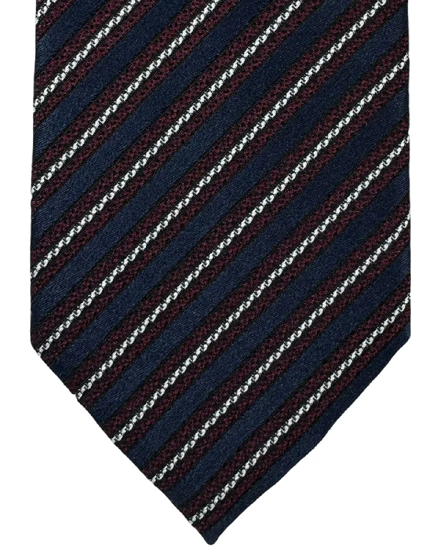 formal event bow ties-Ermenegildo Zegna Silk Tie Midnight Blue Maroon Silver Stripes