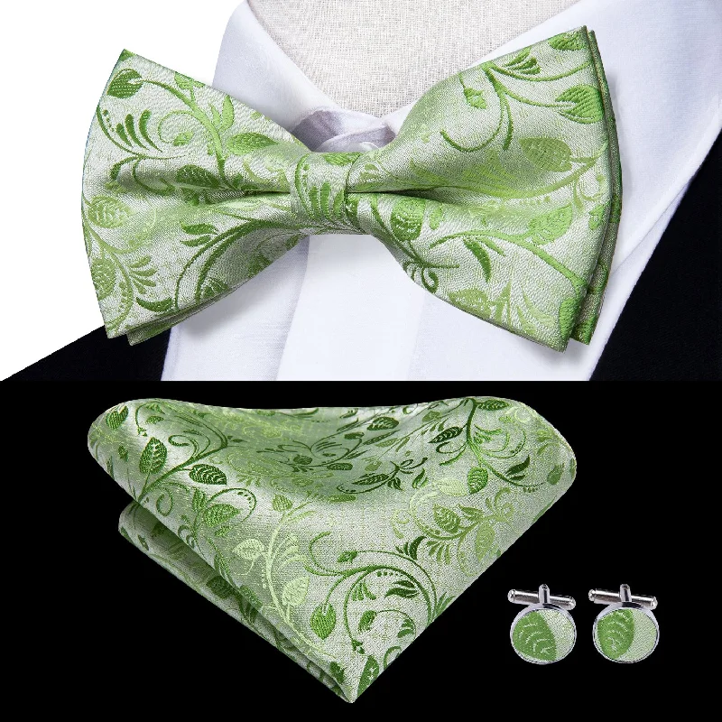 best necktie designs for interviews-Fluorescent Green Floral Men's Pre-tied Bowtie Pocket Square Cufflinks Set