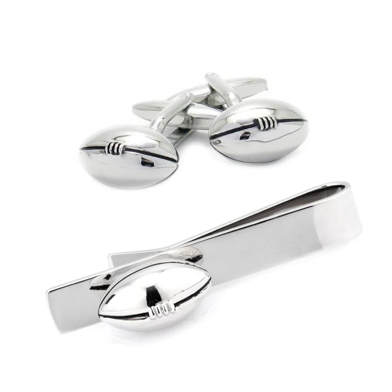 modern silk necktie designs-Footy / Rugby Football Silver Cufflinks & Tie Bar Set