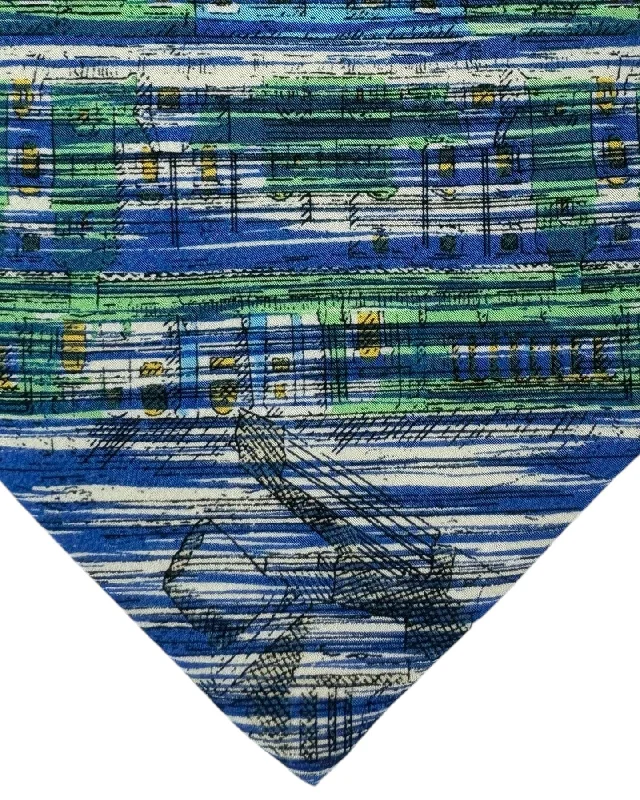 modern silk necktie designs for men-Fornasetti Tie Royal Blue Green Citta' Che Si Rispecchia Design - Wide Necktie