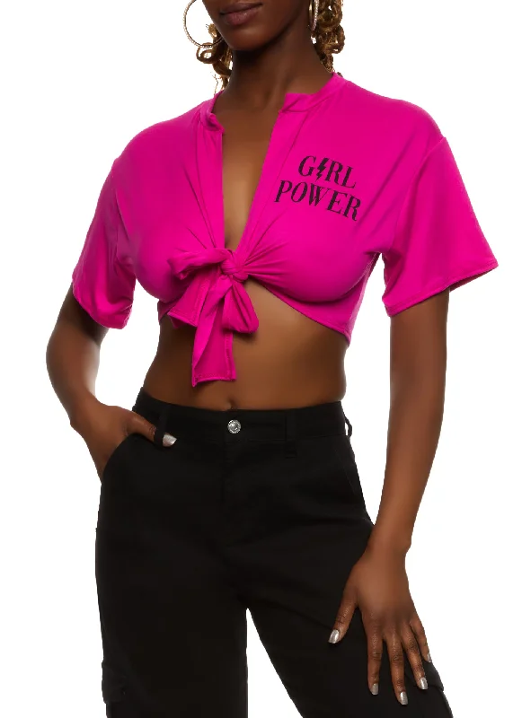 formal event necktie sets-Tie Front Grl Power Cropped Graphic Tee