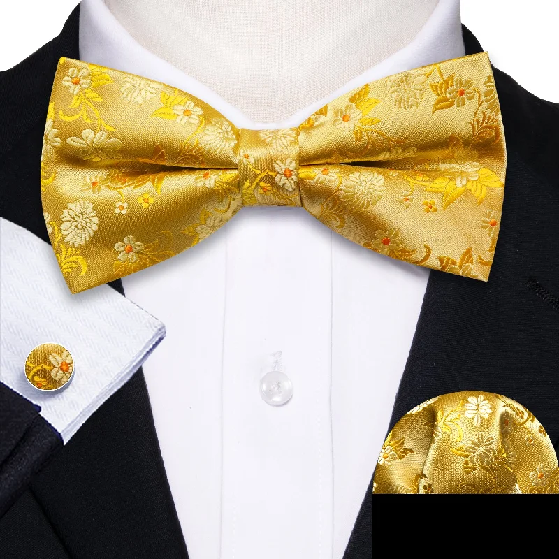 vibrant office necktie options-Gold Floral Men's Pre-tied Bowtie Pocket Square Cufflinks Set