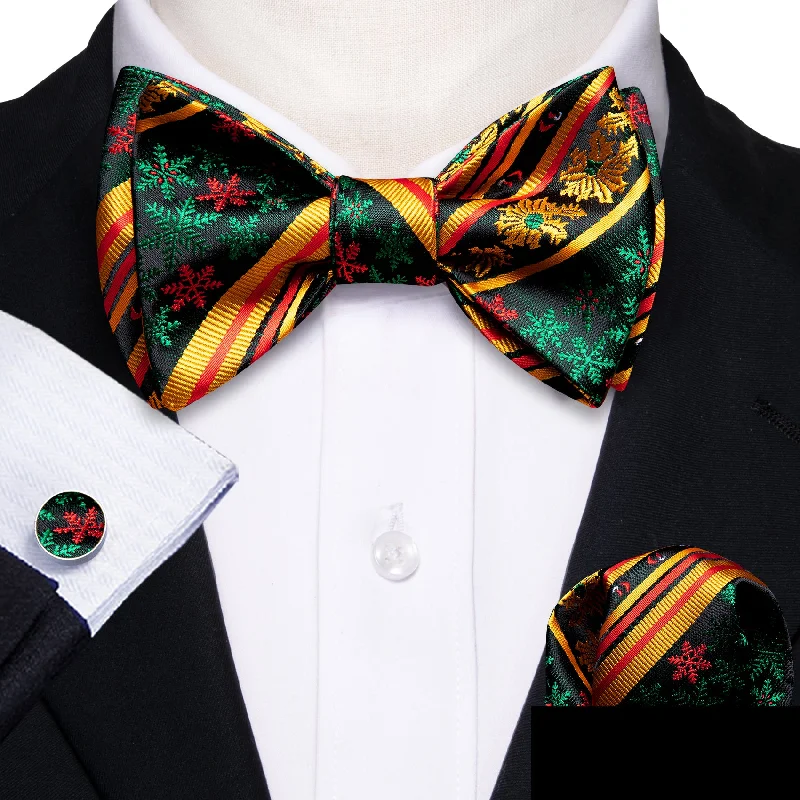 affordable necktie styles-Gold Green Christmas Novelty Men's Self-tied Bowtie Hanky Cufflinks Set