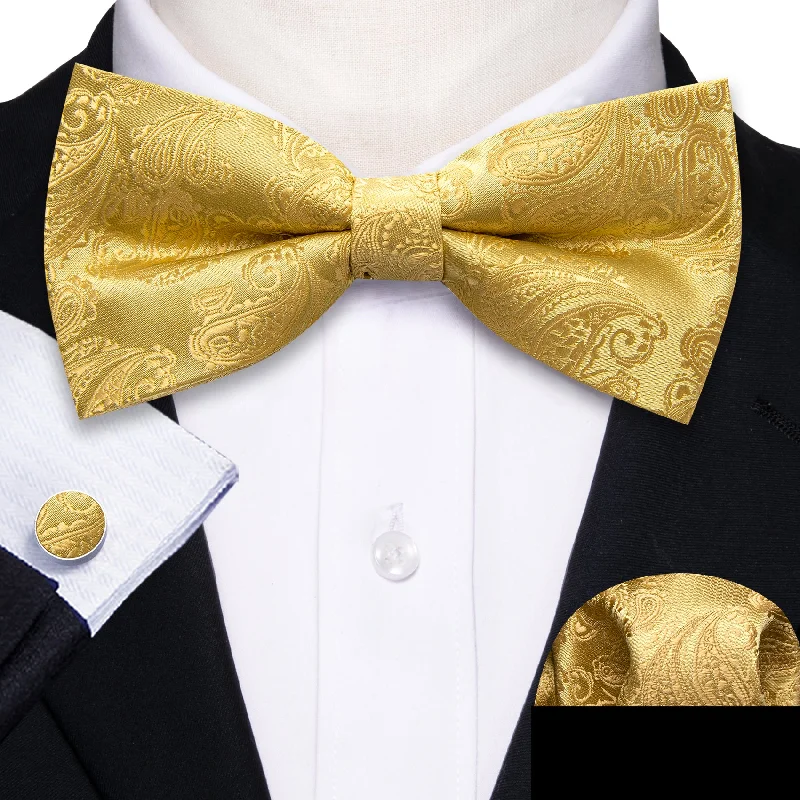 stylish neckties for office wear-Gold Paisley Men's Pre-tied Bowtie Pocket Square Cufflinks Set