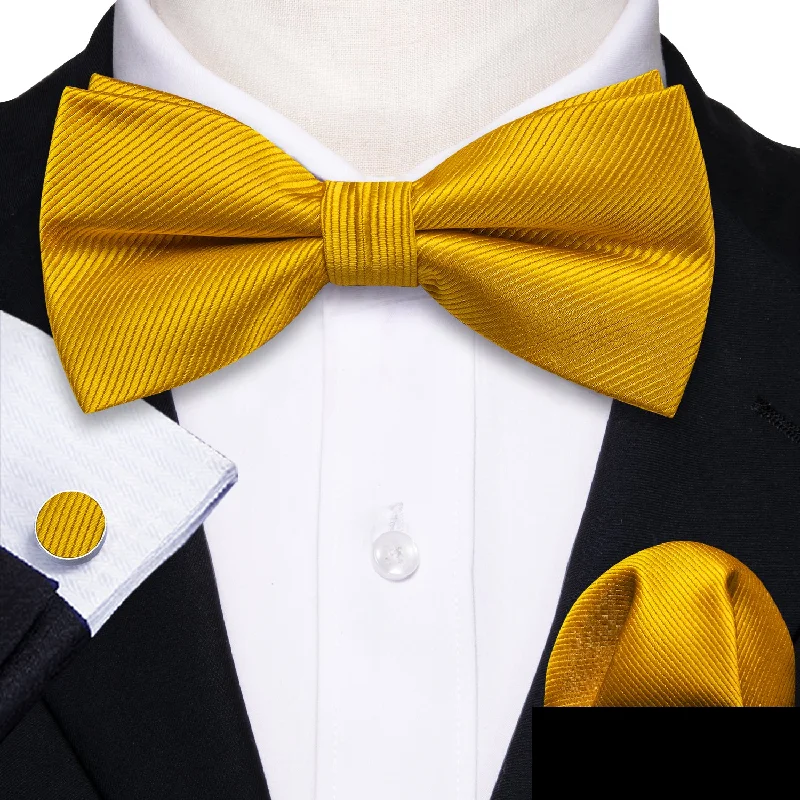 men's tie sets for formal events-Gold Solid Men's Pre-tied Bowtie Pocket Square Cufflinks Set