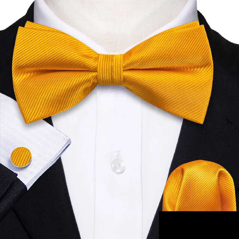 men's designer wedding bow ties-Gold Yellow Solid Men's Pre-tied Bowtie Pocket Square Cufflinks Set