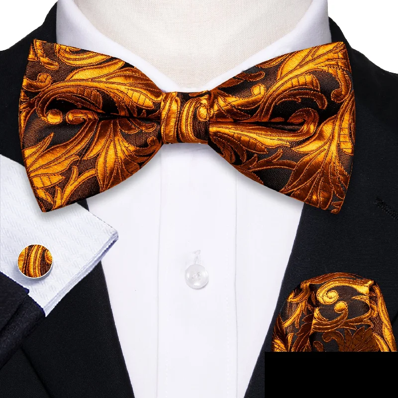 modern silk necktie styles-Golden Brown Floral Leaf Men's Pre-tied Bowtie Pocket Square Cufflinks Set