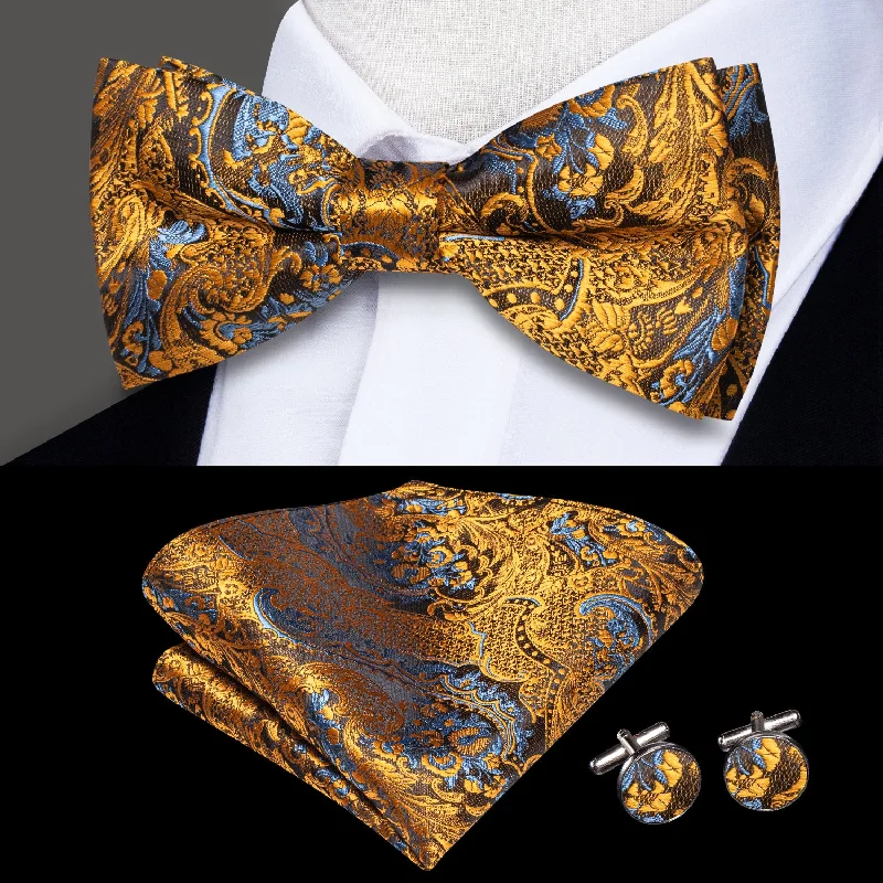 affordable business necktie sets-Golden Brown Paisley Men's Pre-tied Bowtie Pocket Square Cufflinks Set