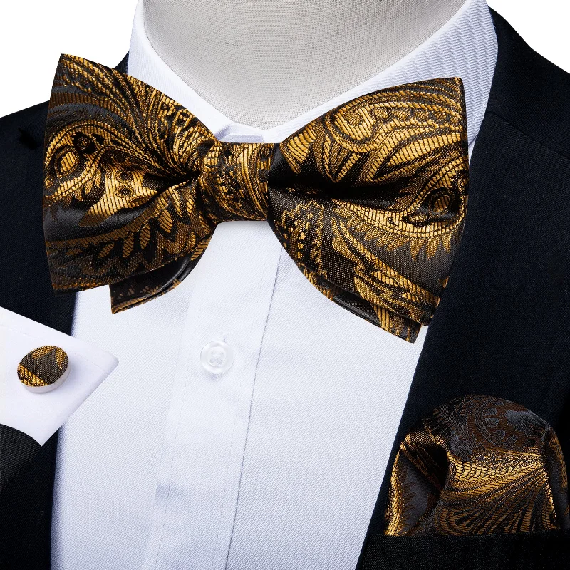 trendy silk necktie patterns-Golden Paisley Men Pre-tied Bowtie Pocket Square Cufflinks Set