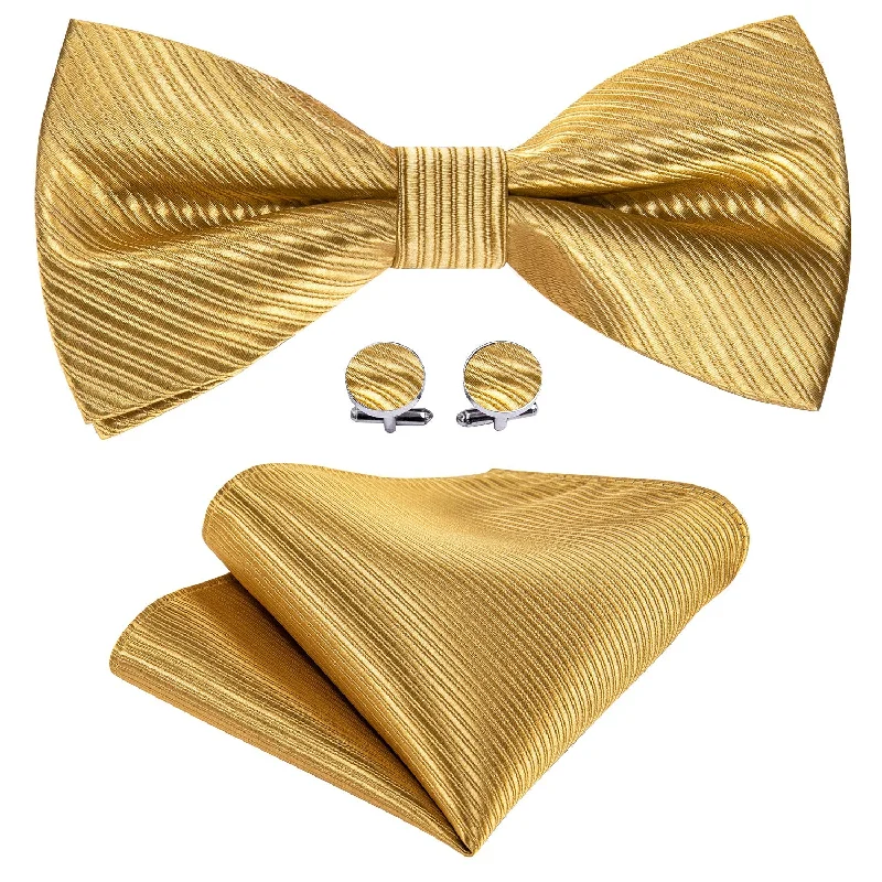 designer office tie sets-Golden Striped Pre-tied Bow Tie Hanky Cufflinks Set