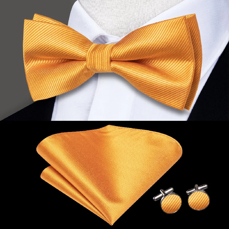 affordable necktie brands for men-Golden Striped Men's Pre-tied Bowtie Pocket Square Cufflinks Set