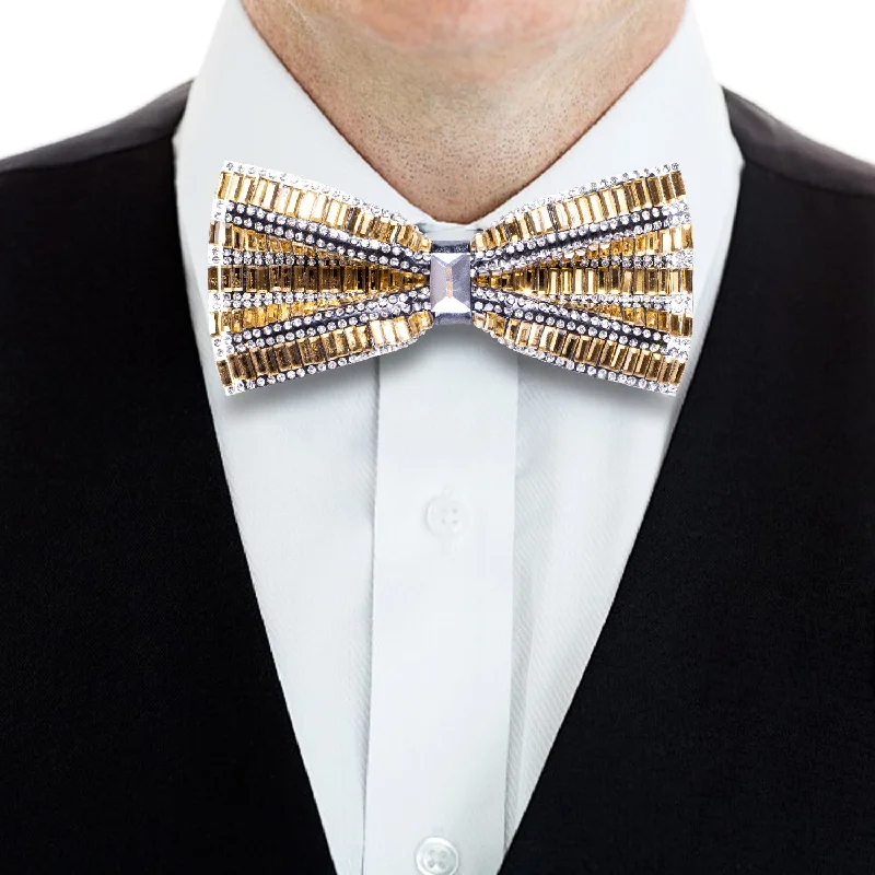 men's necktie bundles-Golden White Rhinestone Bowtie Men's Pre-tied Bowtie for Party