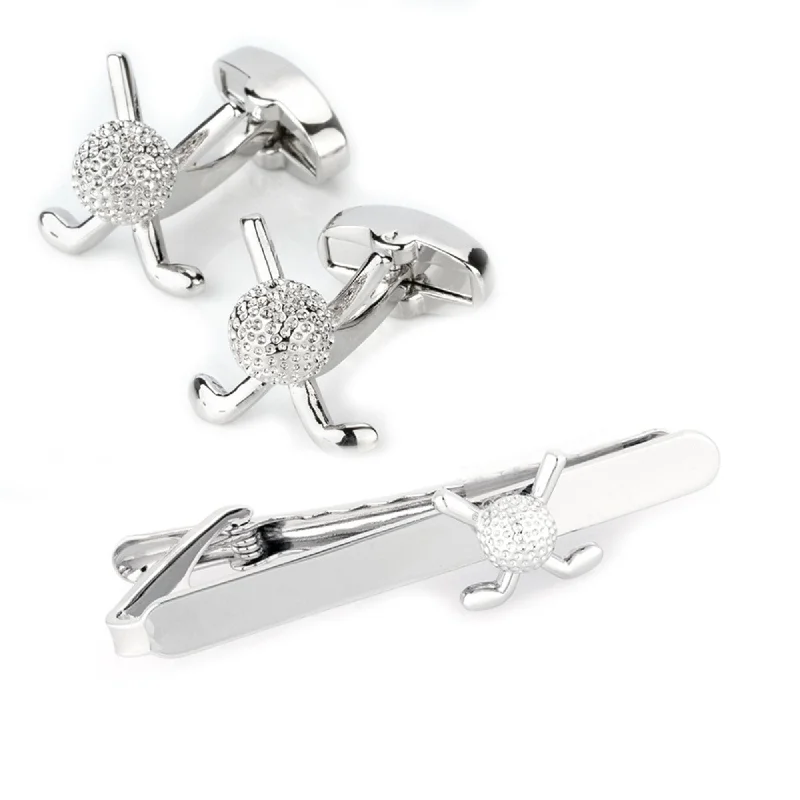 necktie designs for business events-Golf Club Ball Cufflinks & Tie Clip Set