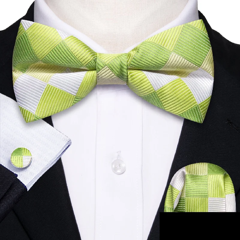 affordable business necktie sets-Grass Green White Plaid Men's Pre-tied Bowtie Pocket Square Cufflinks Set