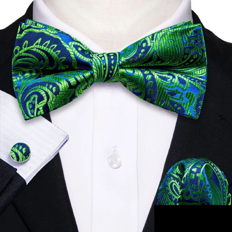 designer ties for business wear-Green Blue Paisley Men's Pre-tied Bowtie Pocket Square Cufflinks Set