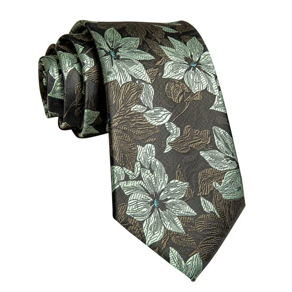 silk necktie options for office wear-Classy Men Green & Brown Floral Silk Tie