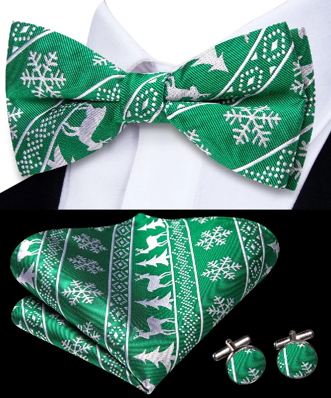 high-quality men's necktie designs-Green Christmas White Deer Novelty Pre-tied Bowtie Pocket Square Cufflinks Set