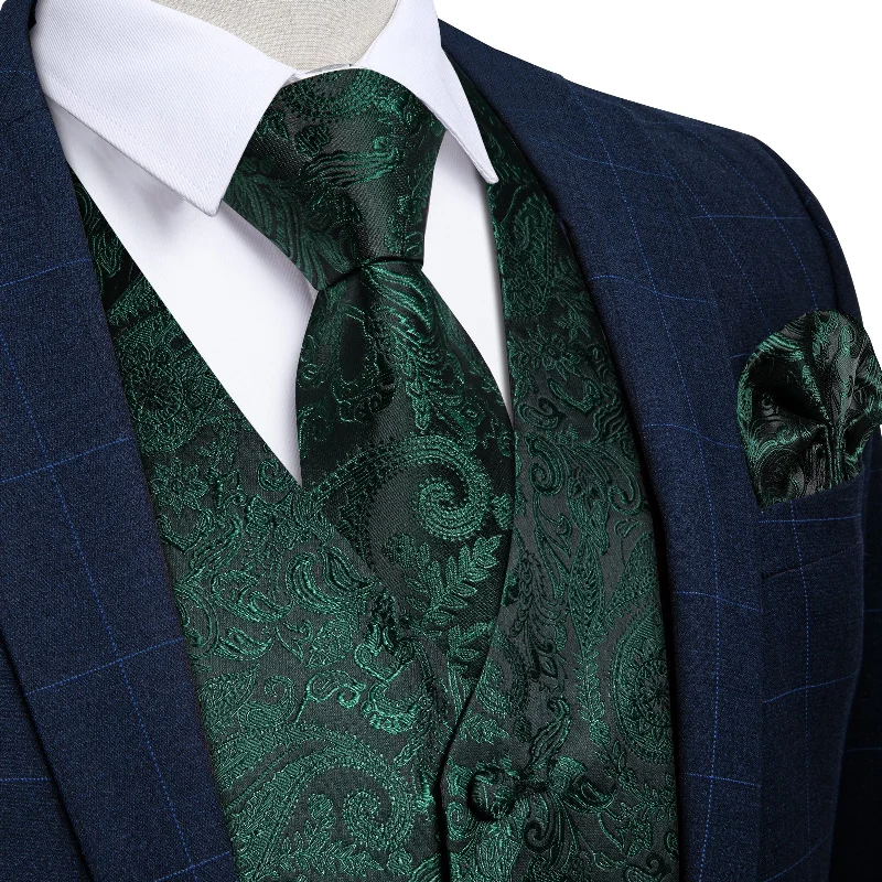 elegant business silk ties-Green Floral Jacquard Silk Waistcoat Vest Necktie Handkerchief Cufflinks Set