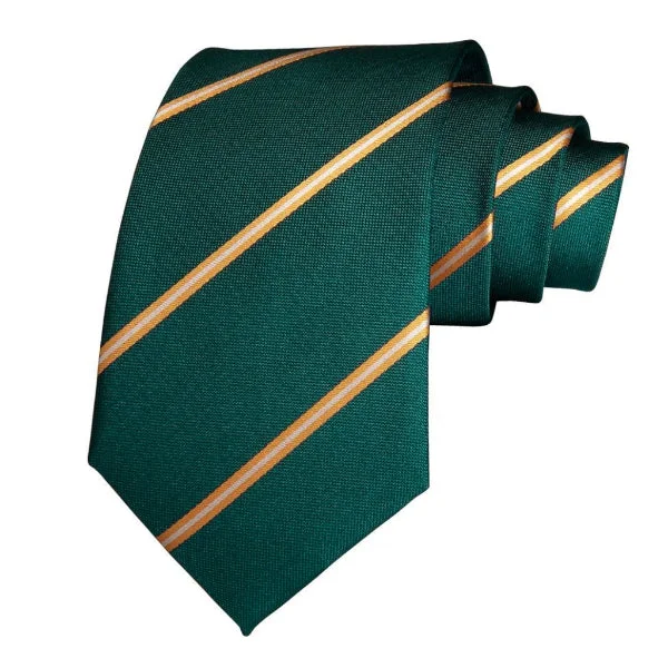 premium necktie designs for office wear-Classy Men Green Gold Striped Silk Tie