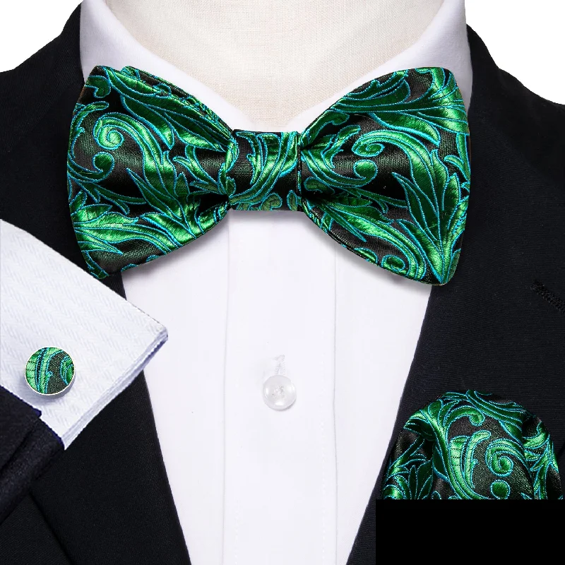 affordable silk bow ties-Green Leaves Self-tied Bow Tie Hanky Cufflinks Set