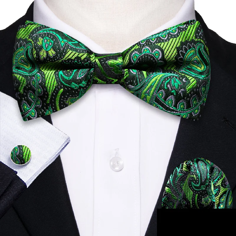 designer men's silk bow ties-Green Novelty Men Pre-tied Bow Tie Hanky Cufflinks Set