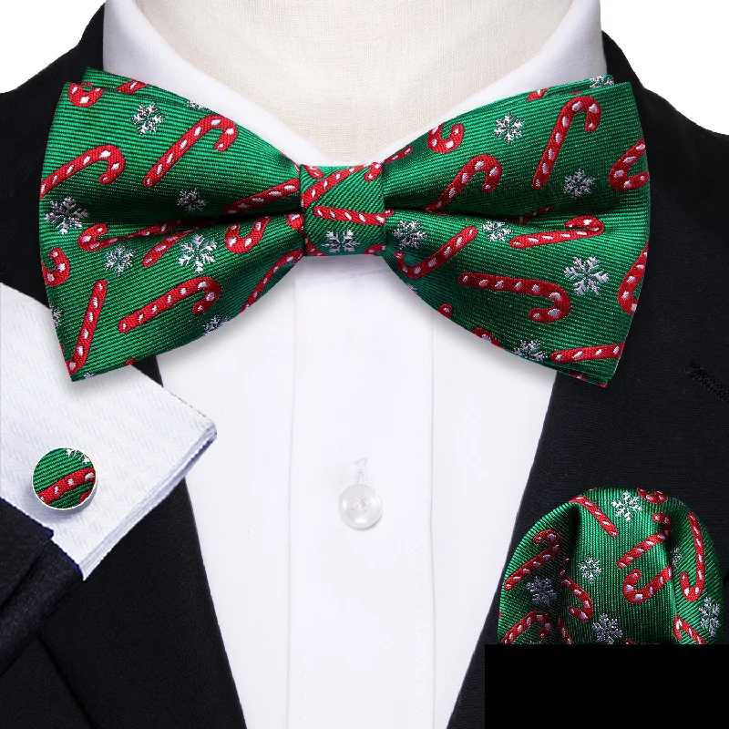 formal event necktie styles-Green Red Christmas Cane Men's Pre-tied Bowtie Hanky Cufflinks Set