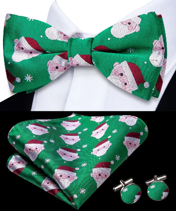 unique wedding tie designs for men-Green Santa Claus Christmas Novelty Pre-tied Bowtie Pocket Square Cufflinks Set