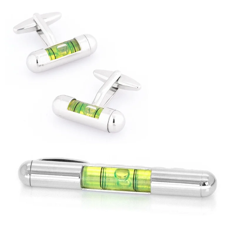 luxurious formal wedding neckties-Green Spirit Level Cufflinks & Tie Bar Set