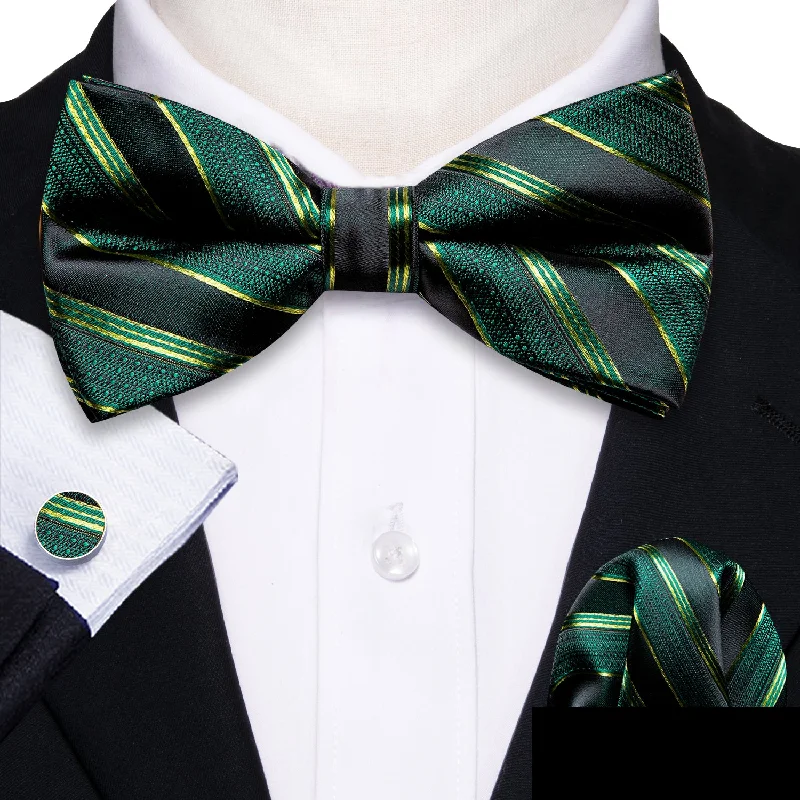 trendy wedding necktie styles-Green Striped Men Pre-tied Bow Tie Hanky Cufflinks Set