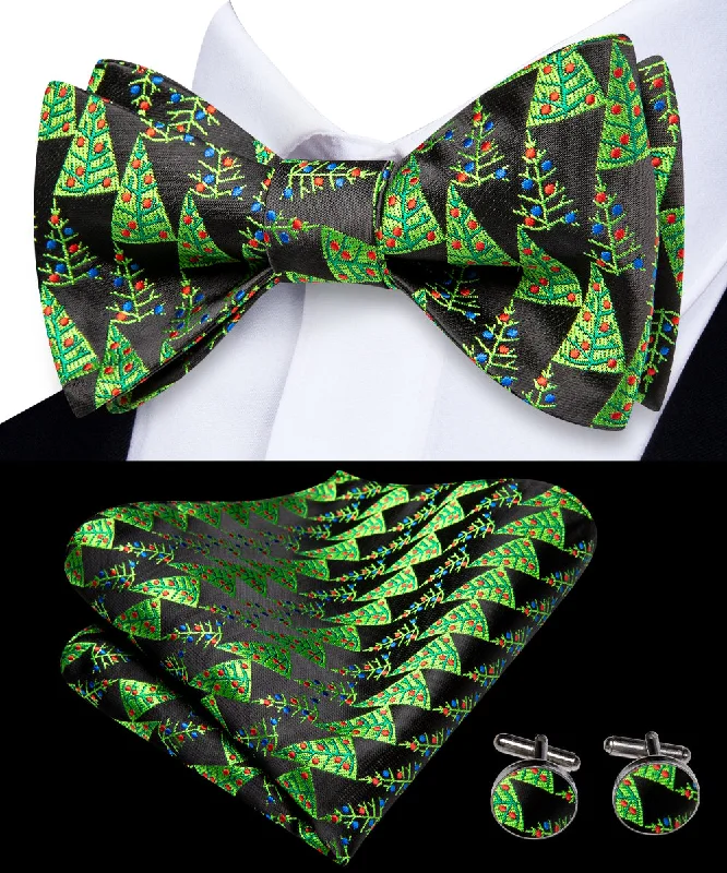 luxury silk bow ties for men-Green Tree Christmas Black Self-tied Bow Tie Pocket Square Cufflinks Set