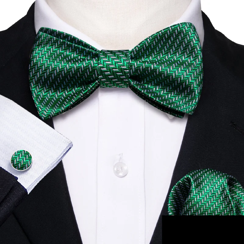 colorful wedding necktie styles-Green Wave Striped Self-tied Bow Tie Pocket Square Cufflinks Set