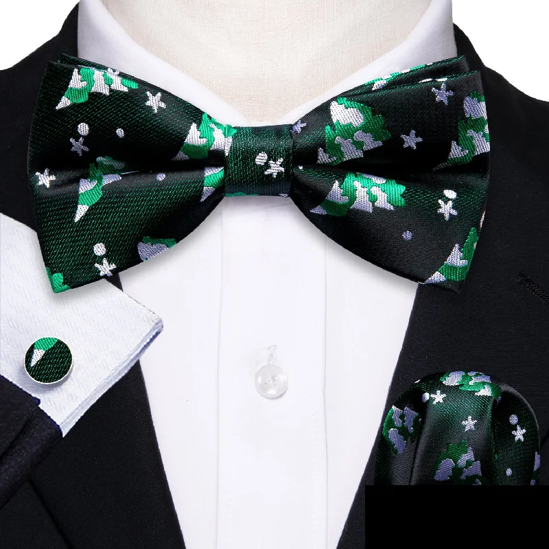 silk ties for casual wear-Green White Christmas Tree Men's Pre-tied Bowtie Hanky Cufflinks Set