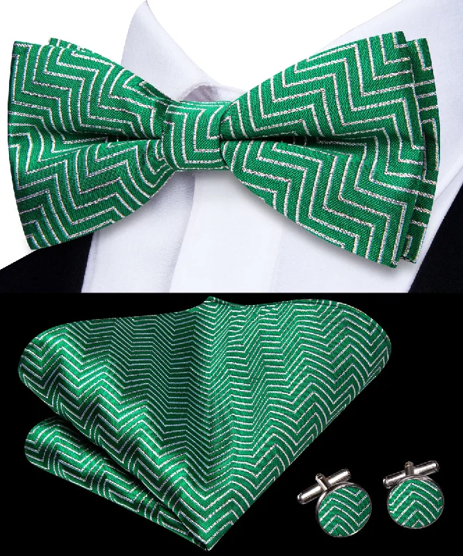 stylish office bow ties-Green White Geometric Pre-tied Bowtie Pocket Square Cufflinks Set