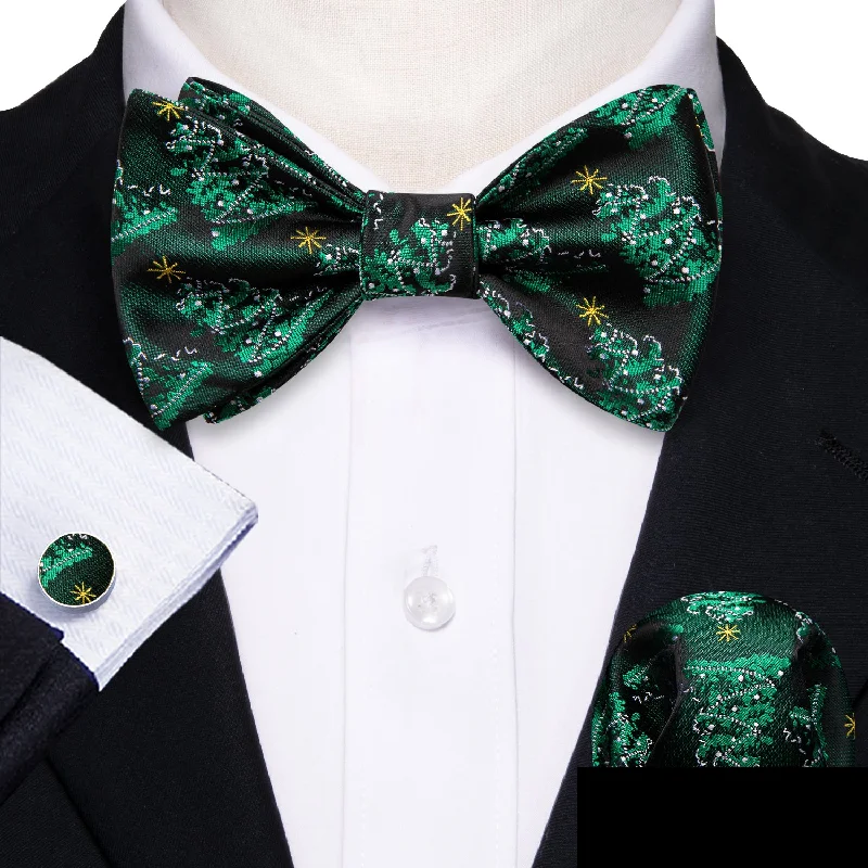 classic plaid neckties-Green White Trees Self-tied Bow Tie Pocket Square Cufflinks Set