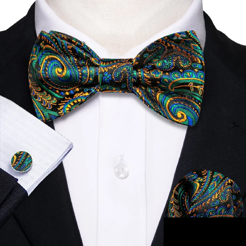 elegant formal office neckties-Green Yellow Paisley Self-tied Bow Tie Hanky Cufflinks Set