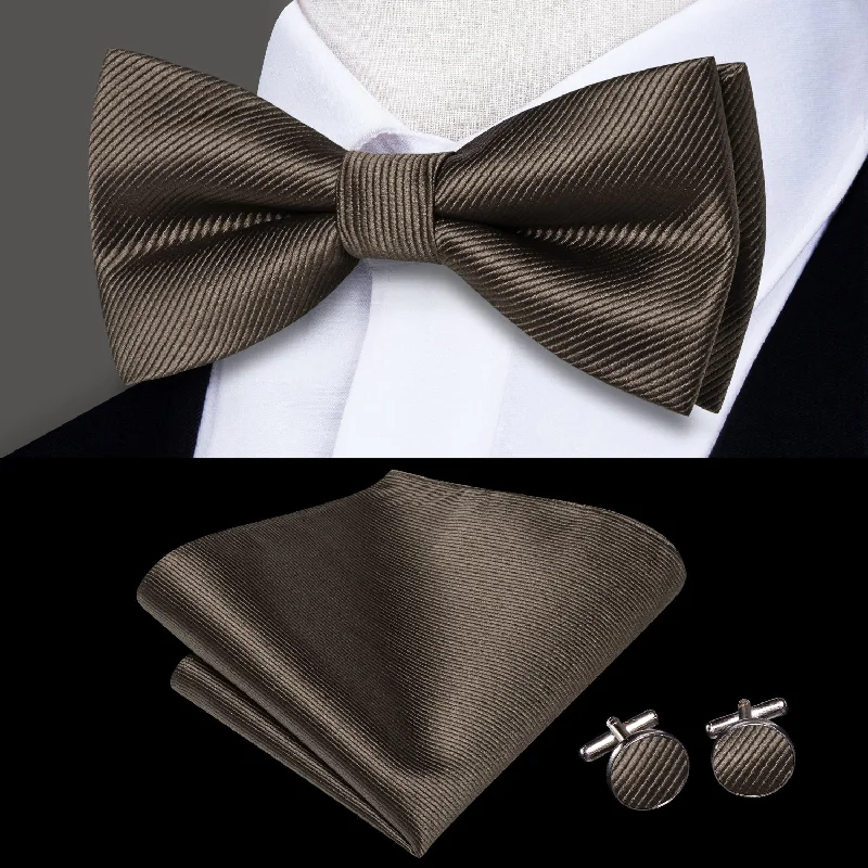 fashionable office neckties for men-Grey Brown Striped Men's Pre-tied Bowtie Pocket Square Cufflinks Set