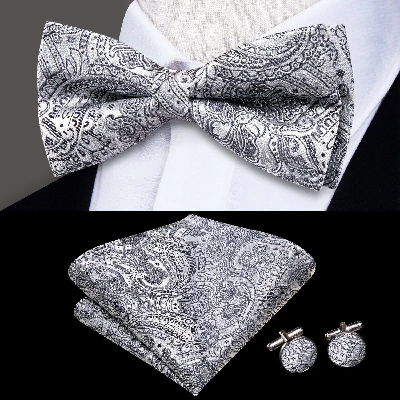 unique necktie combinations for men-Grey Paisley Men Pre-tied Bowtie Pocket Square Cufflinks Set