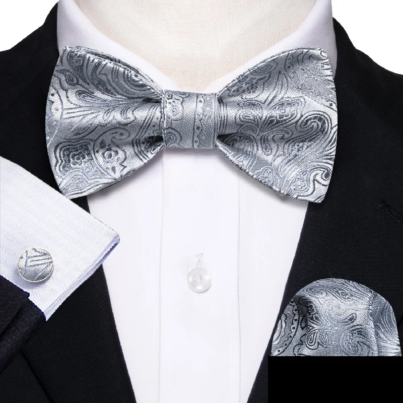 men's office necktie sets-Grey Paisley Self-tied Bow Tie Hanky Cufflinks Set