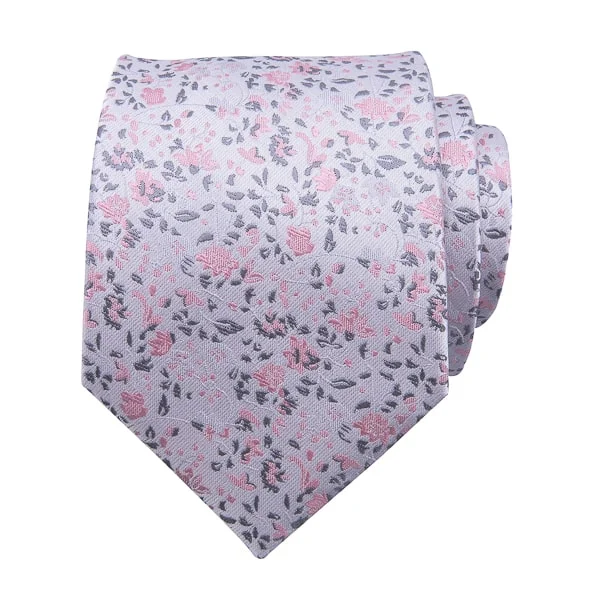 high-end silk tie sets for men-Classy Men Grey Pink Floral Silk Tie