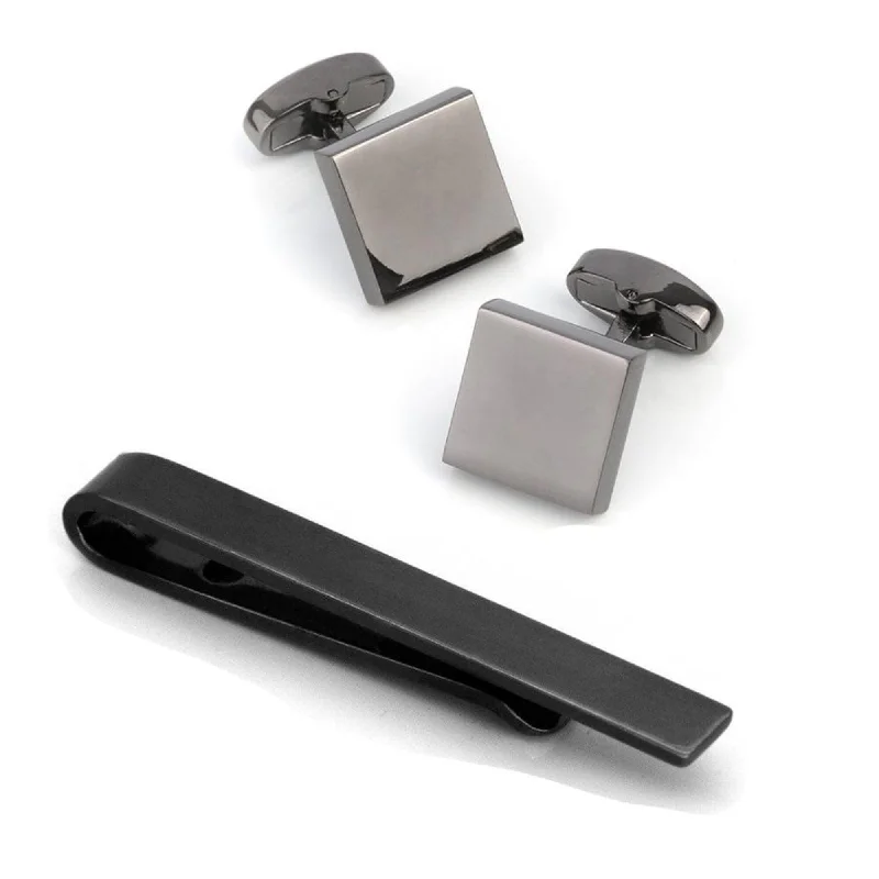 men's wedding necktie sets-Gunmetal Classic Cufflinks & Tie Bar Set