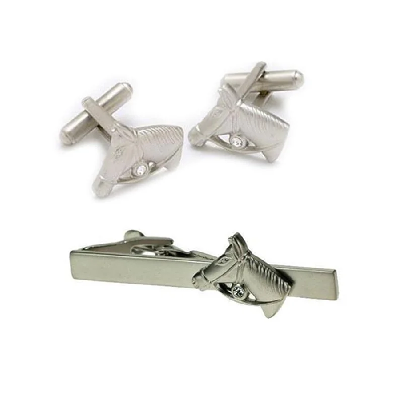 summer necktie styles for men-Horse Head Cufflinks & Tie Clip Set