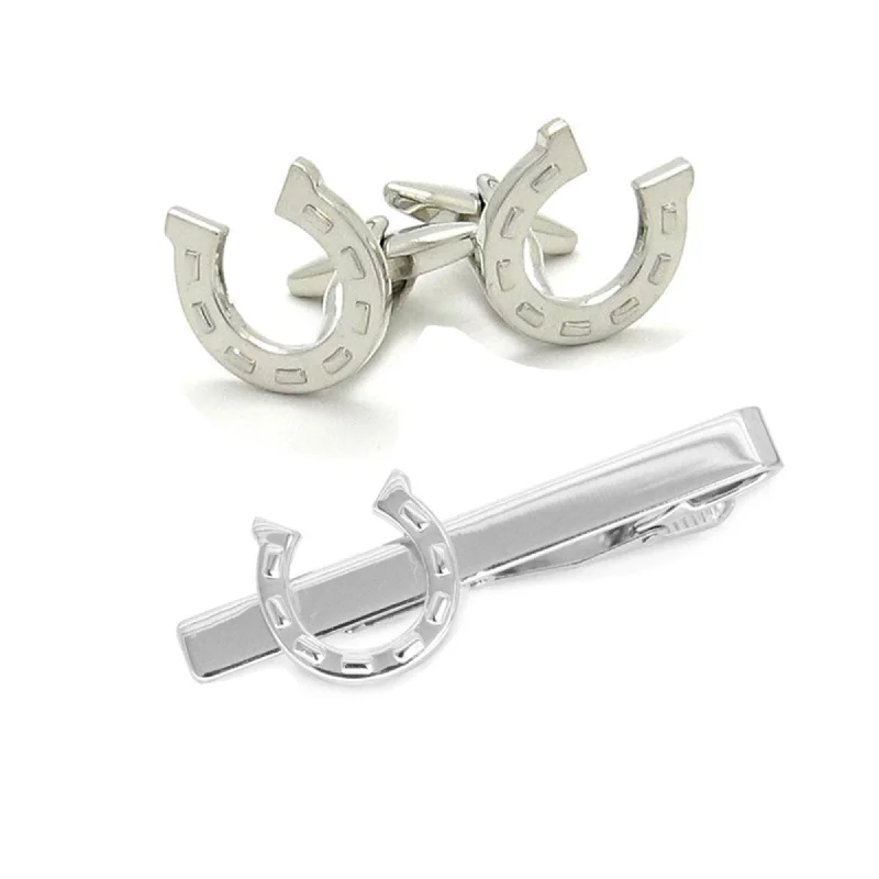 stylish bow ties for formal occasions-Horseshoe Silver Cufflinks & Tie Clip Set