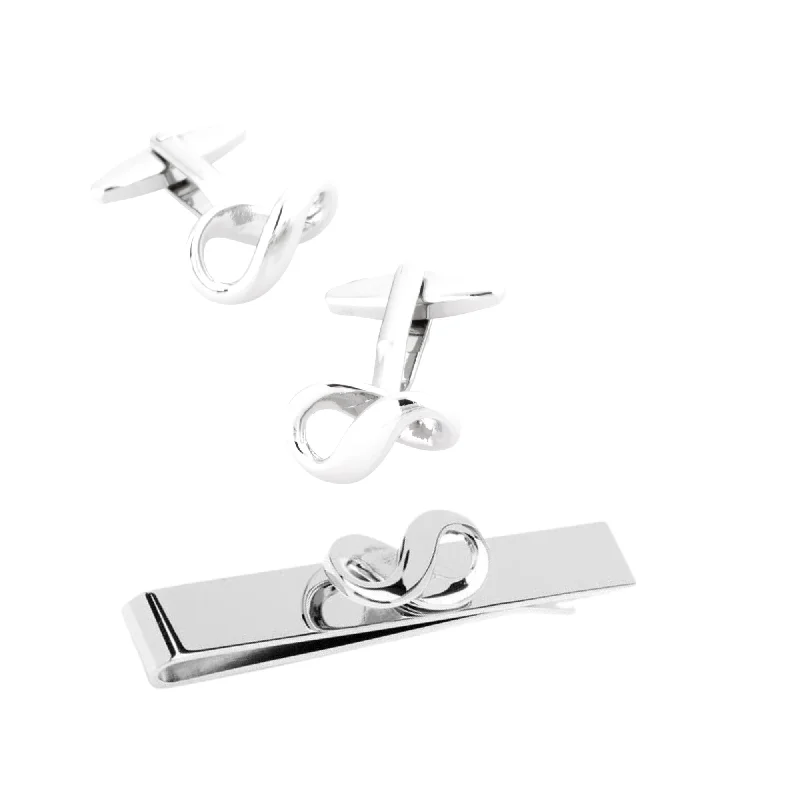 modern wedding neckties-Infinity Silver Cufflinks & Tie Bar Set