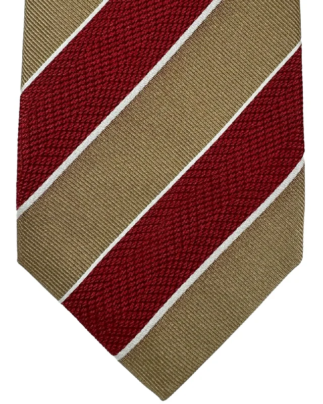 elegant business tie combinations-Isaia Tie Mocha Bordeaux Stripes Design - Sevenfold Silk Necktie