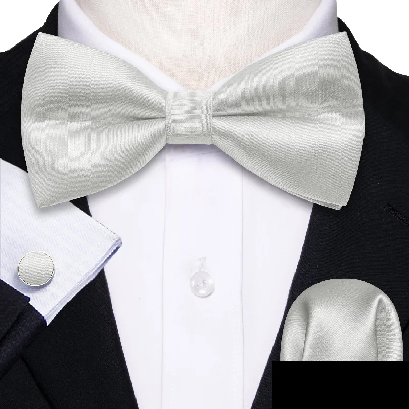 elegant business silk ties-Ivory White Solid Men's Pre-tied Bowtie Pocket Square Cufflinks Set