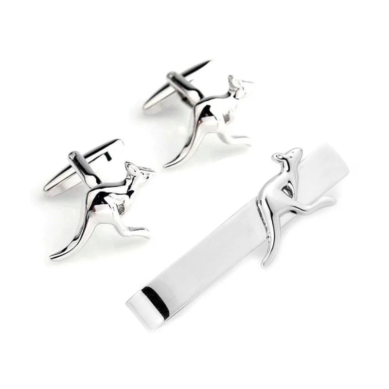 unique ties for formal office wear-Kangaroo Silver Cufflinks & Tie Bar Set