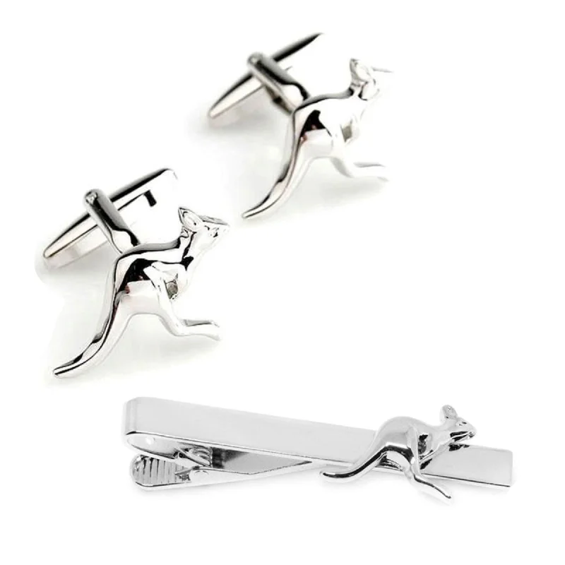 men's business event bow ties-Kangaroo Silver Cufflinks & Tie Clip Set